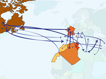 carte des déplacements entre Maghreb, France et Canada