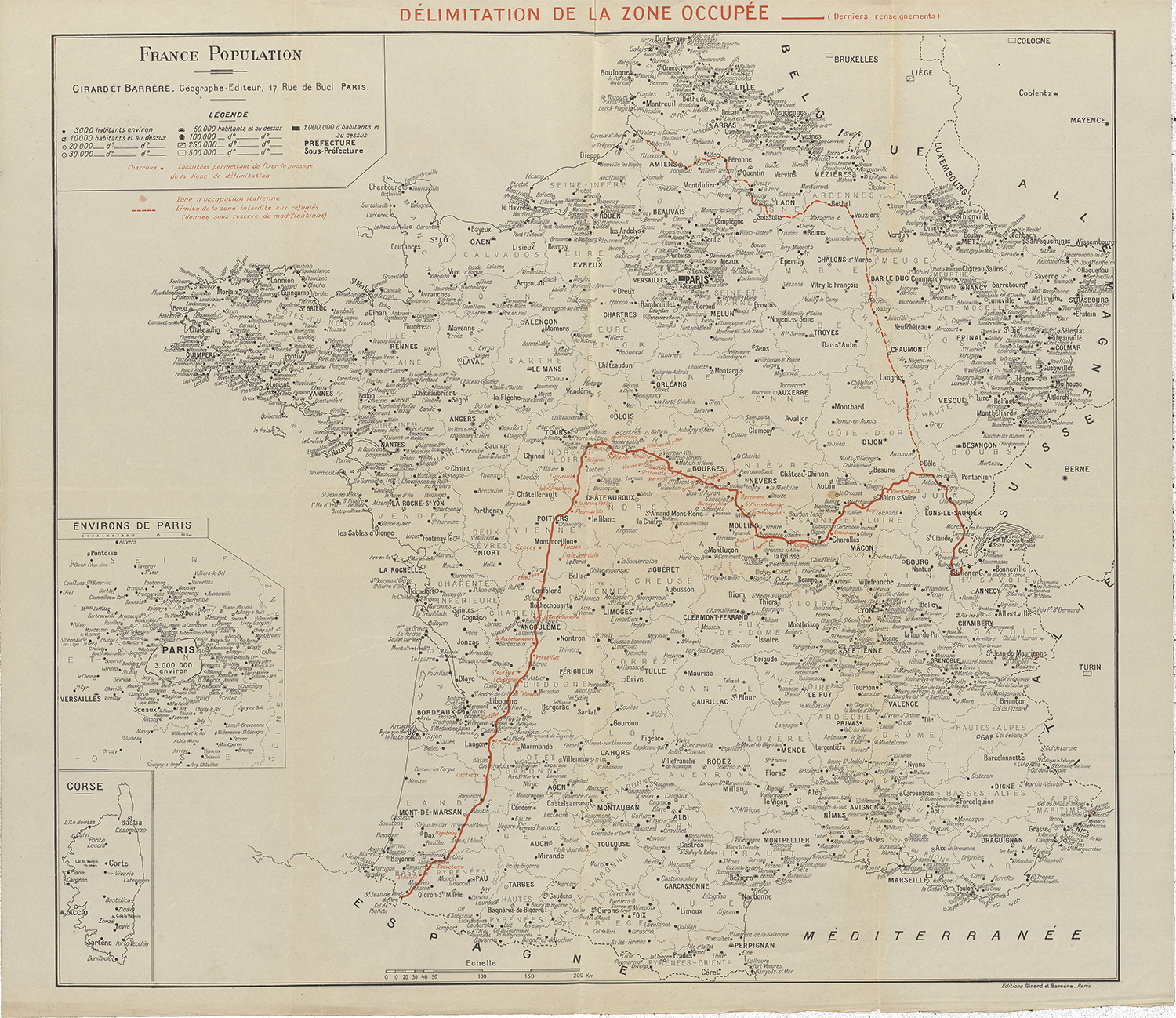 Carte de France, délimitation de la zone occupée Carte de France, délimitation de la zone occupée